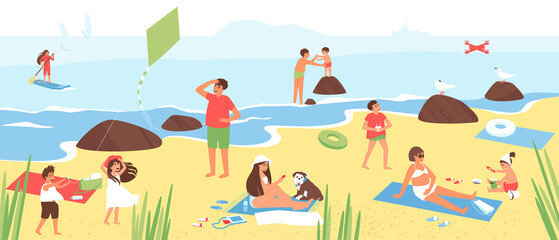 Seaside beach with people relaxing on vacation. Dad and children fly a kite. Mom watches the child play in the sand. The girl swims on the juice. Vacation concept by the sea. Flat vector illustration.