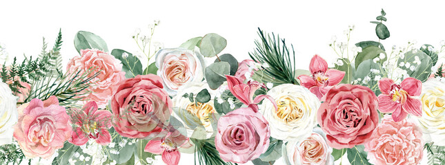 Blooming floral boho bouquets on white background.  Watercolor hand painted seamless border. Spring summer banner template