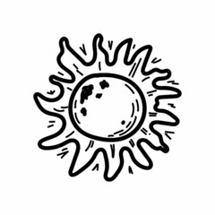 Simple sun icon with rays, hand-drawn element sketch in doodle style. Space. Sun with spots. Crown of the sun. Solar system. Isolated vector illustration.