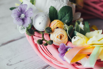 Top view of Easter pink wreath close up.