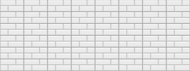 Tile subway. White brick wall. Seamless metro background. Kitchen pattern. Ceramic backdrop. Apron faience texture. Cement backsplash. Retro architectural print. Stone surface. Vector illustration.