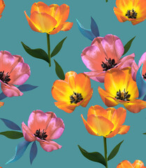 Fashion bright  digital pattern photo print pink and yellow tulip flowers - abstract bright floral ornament on blue background.