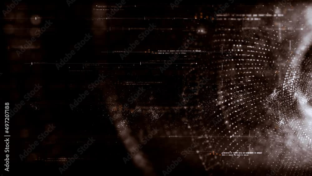 Poster Futuristic abstract de-focus flowing data matrix, telemetry and encrypt numbers display with particles simulation in cyber space environment for head up display loop background