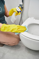A woman wipes the toilet bowl with a napkin, a rag.