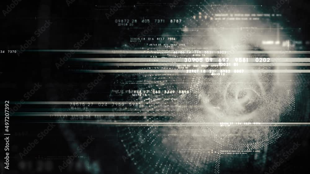 Aufkleber Futuristic abstract de-focus flowing data matrix, telemetry and encrypt numbers display with particles simulation in cyber space environment for head up display loop background