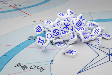 A bunch of white tiles with blue icons of zodiac signs on an astrological chart. Astrological chart on the astrologer's desktop. 3D render.