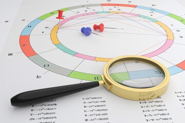 Astrological chart in the workplace of an astrologer. Colored pins to mark significant aspects of the horoscope. Magnifier in a yellow metal frame as a symbol of the closeness of the horoscope analysi