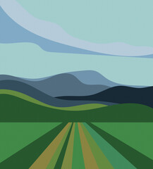 Fields panorama flat vector illustration. Beautiful simple scenery with scenic views. bright green field