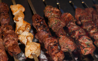 Barbecue pork BBQ and one chicken kebab.