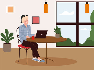 young with laptop in restaurant