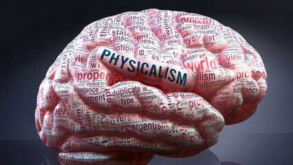 Physicalism in human brain, hundreds of crucial terms related to Physicalism projected onto a cortex to show broad extent of the condition and to explore concepts linked to it, 3d illustration