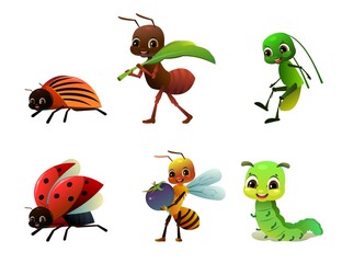 Set of insects persons. Wildlife object. Ant, ladybug and caterpillar. Colorado potato beetle, bee and grasshopper. Little funny Cute cartoon style. Isolated on white background. Vector