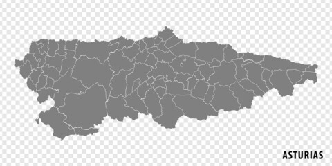 Blank map Asturias of Spain. High quality map Comarcas of Asturias on transparent background for your web site design, logo, app, UI.  Spain.  EPS10.