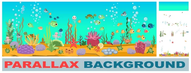 Foto auf Alu-Dibond Bottom of reservoir with fish. Set for parallax effect. Blue water. Sea ocean. Underwater landscape with animals. plants, algae and corals. Illustration in cartoon style. Flat design. Vector art © Ирина Мордвинкина