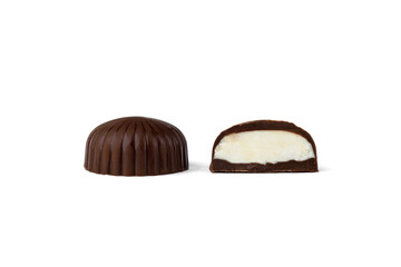 Chocolate sweets with filling isolated on white background.