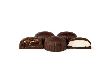 Chocolate sweets with filling isolated on white background.