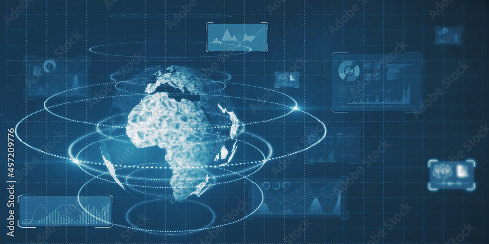 Poster Creative glowing digital business screen interface wallpaper with globe and charts. Spy, hud and world concept. 3D Rendering.