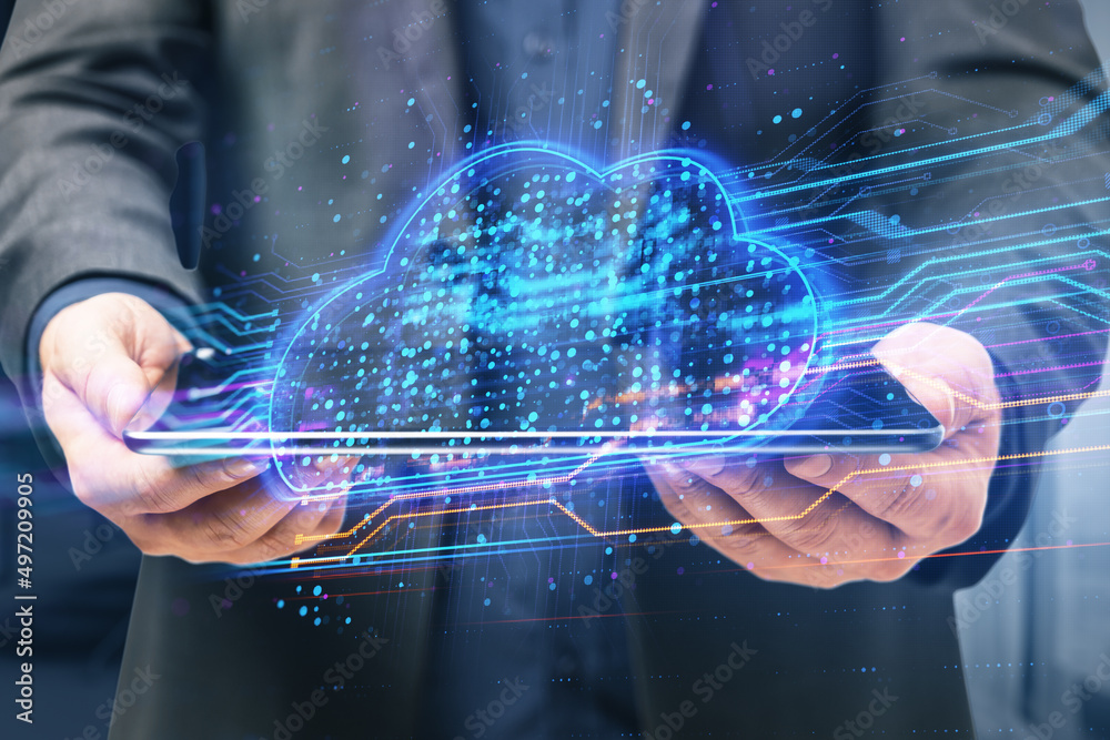 Aufkleber close up of businessman hand holding tablet with abstract glowing cloud lines hologram on blurry bac