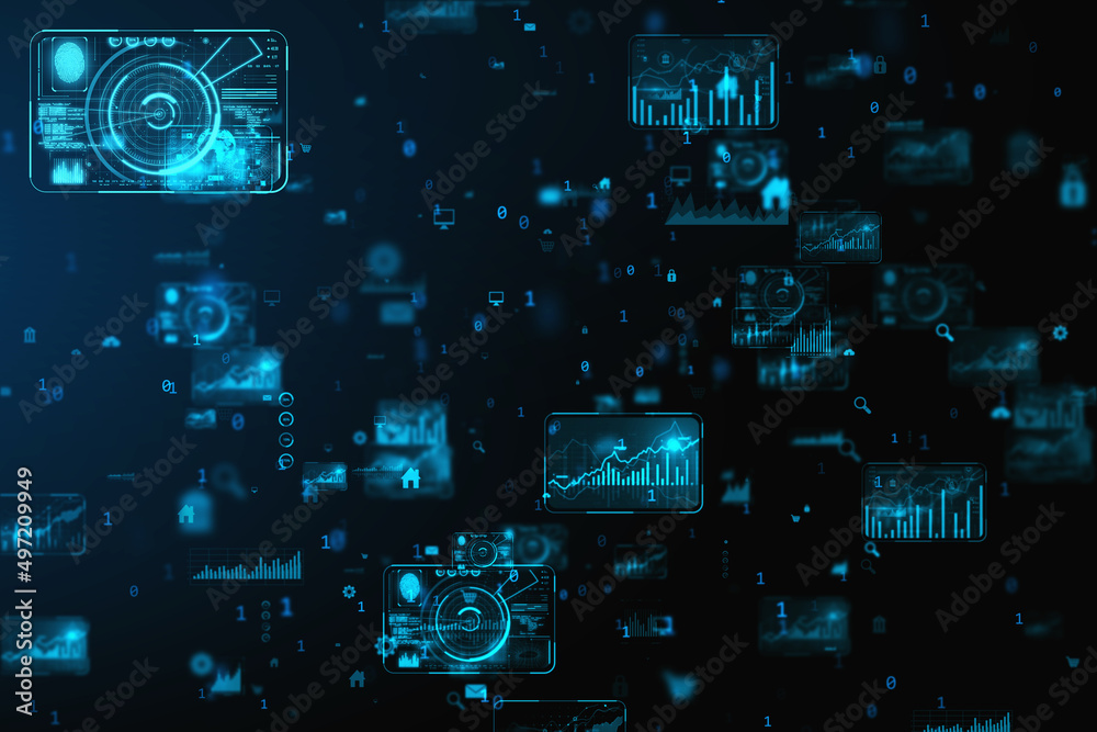 Poster Abstract creative business charts and binary code on blue background. System engineering and digital transformation concept. 3D Rendering.