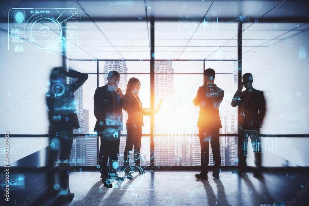 Aufkleber backlit business people working tohether in abstract creative blurry office interior with business c