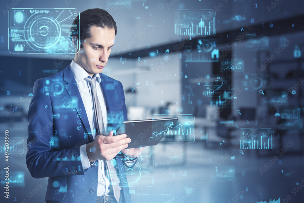 Poster Attractive european businessman using tablet with abstract creative business charts and binary code on blurry office interior background. System engineering and digital transformation concept. 