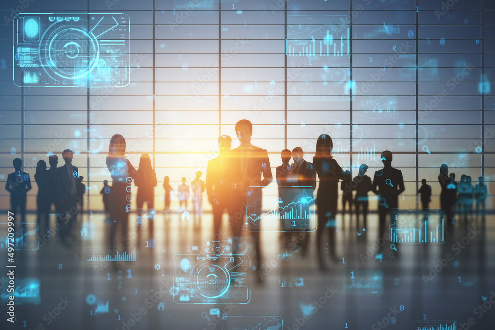 Poster Backlit businesspeople working tohether in abstract blurry office interior with business charts and binary code. System engineering and digital transformation concept. Double exposure.