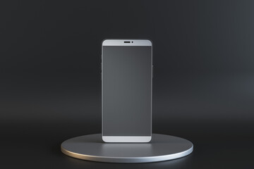 Close up of empty smartphone on round pedestal on black background with mock up place. Presentation and product concept. 3D Rendering.