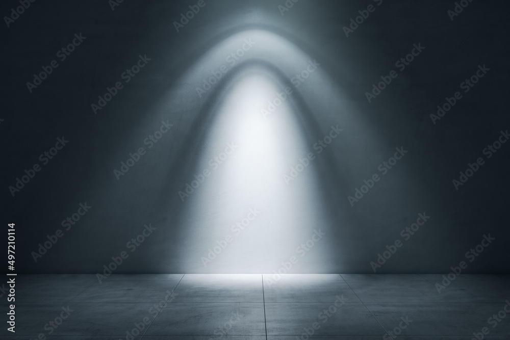 Poster illuminated dark concrete wall with mock up place. grunge art gallery concept. 3d rendering.