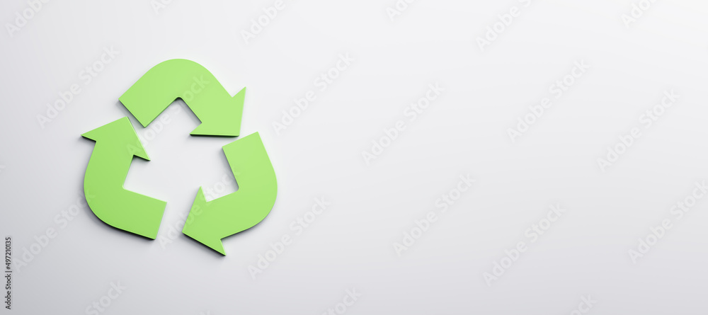 Poster Green recycle sign on white background with wide mock up place. Reuse and waste concept. 3D Rendering.