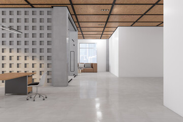 Contemporary meeting room interior with furniture and window with city view and daylight. Wooden concrete floor and wall, partition, design concept. 3D Rendering.