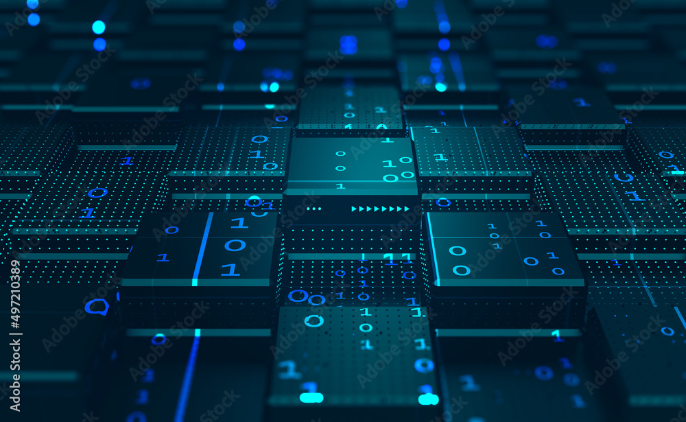 Leinwandbilder Big data flow computer diagram. Processor and motherboard 3D illustration. Binary code and blockchain structure