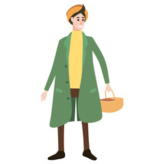 Young Man with basket for goods, winter cold weather clothes, hat warm coat, boots. Cartoon flat style