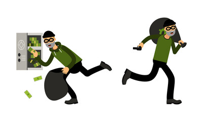 Masked thief stealing money set. Criminal characters running with money bags vector illustration