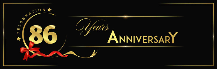 86 Years Anniversary Celebration Gold and Black Color Vector Template Design Illustration. anniversary celebration logotype with elegant modern number gold color for celebration, ribbon, luxury.
