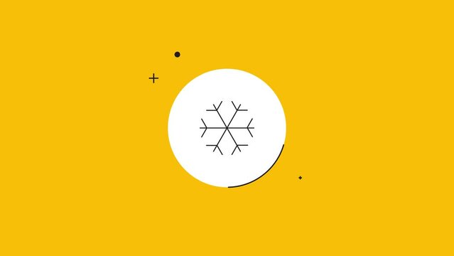 Snowflake icon in white circle with black dynamic line on a yellow background. Seamless loop dynamic symbol rolling in the center