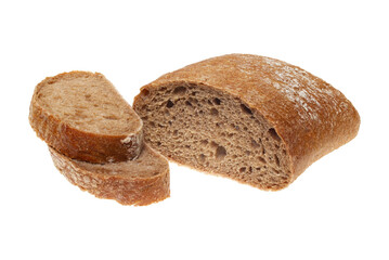 square loaf of bread with two pieces cut is isolated on a white background, full focus, clipping path, no shadows.
