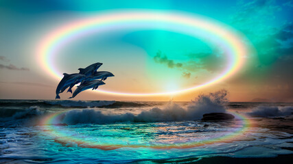 Group of dolphins jumping on the water with rounded rainbow and Northern lights in the sky over the calm sea  
