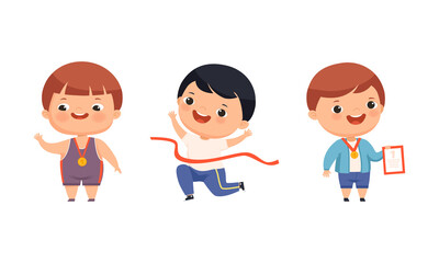 Cute talented boys champions set. Adorable kids celebrating success with golden medal and trophy cup cartoon vector illustration