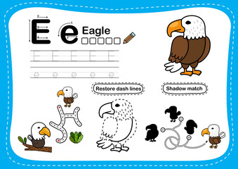 Alphabet Letter E - Eagle exercise with cartoon vocabulary illustration, vector