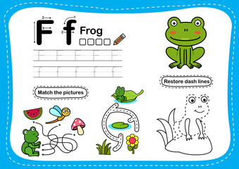 Alphabet Letter F - Frog exercise with cartoon vocabulary illustration, vector