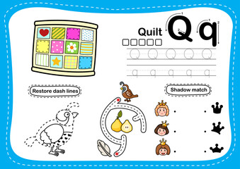Alphabet Letter Q - Quilt exercise with cartoon vocabulary illustration, vector