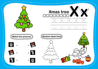 Alphabet Letter X - Xmas tree exercise with cartoon vocabulary illustration, vector