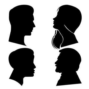 black silhouette outline of the face of people man, woman, child vector icon eps10