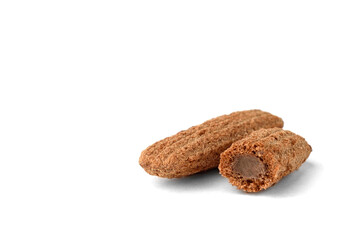 Dried breakfast products with chocolate filling isolated on white background.