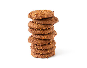 Stack of round oatmeal cookies on a white background