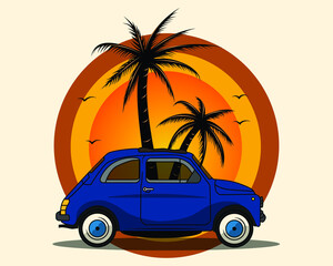 A classic car in palm tree background in vector illustration design