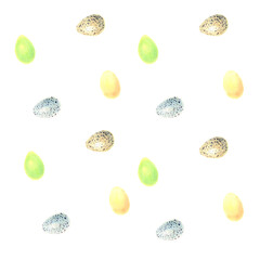 Watercolor easter seamless pattern. Isolated  colorful eggs illustrations on white background. Hand drawn painting