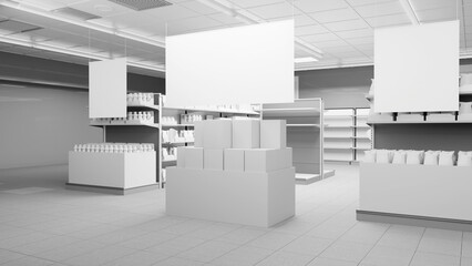 Blank White Banners in Supermarket, Set of Shelves in Store Interior, Products in Box Container,  3D rendering