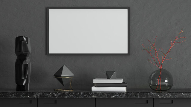 Mock up poster frame on dark plaster wall with sculpture heads, branches in a glass vase, books and geometric props on marble shelf; landscape orientation picture frame; 3d rendering, 3d illustration