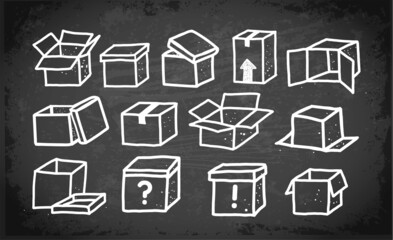 Set of doodle cardboard boxes on blackboard background. Vector sketch illustration.